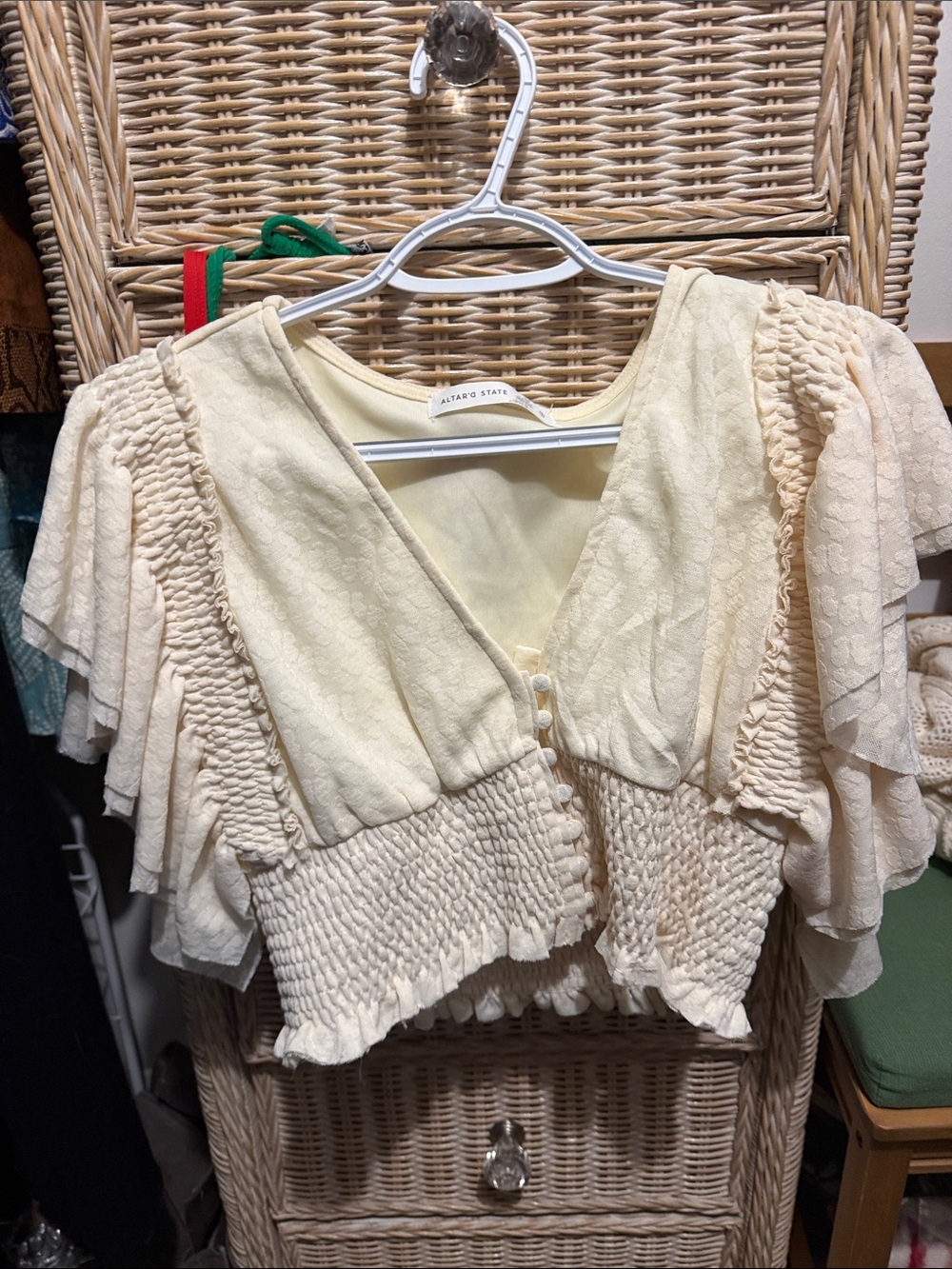 Altar'd State Cream Smocked Flutter Sleeve Crop Top